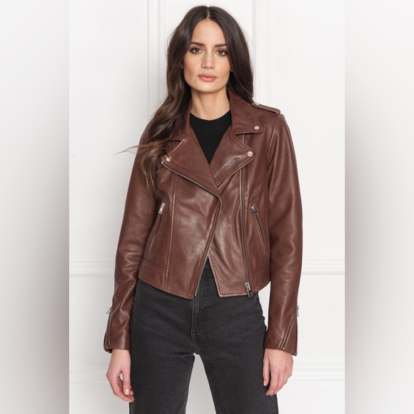 DONNA Lamarque Iconic Leather Biker Jacket Brown size XS - Picture 1 of 8